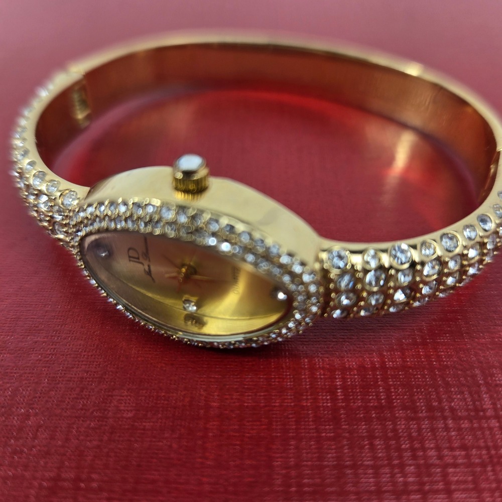 Jean Dousset B8104 Gold Tone Crystal Bangle Watch Oval Face Japanese Movement